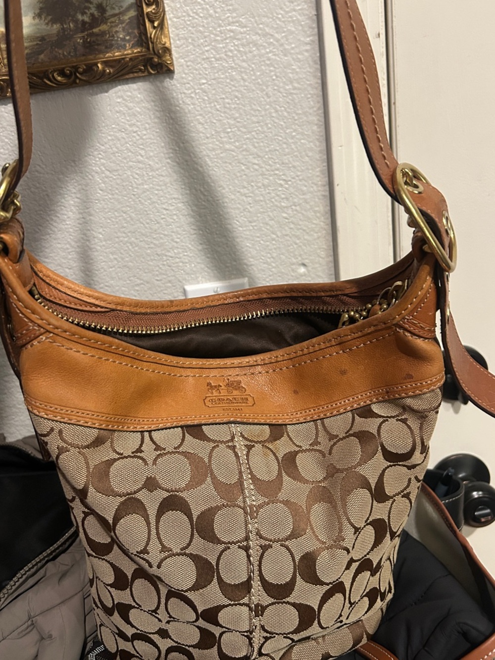 Coach Brown and Tan Signature Canvas Shoulder Bag